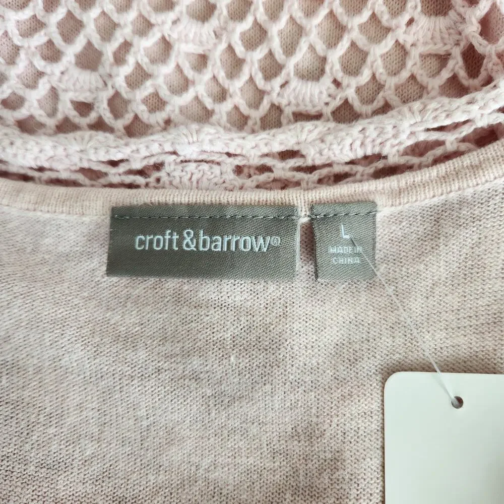 Vintage Y2K Croft & Barrow Pink Crochet Knit Boho Chic 3/4 Sleeve Top L